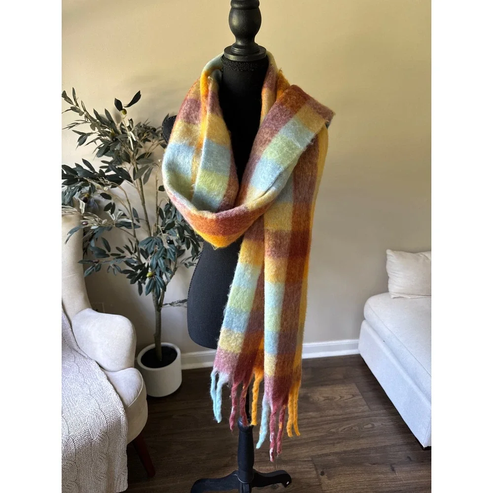 A New Approach ana Oversized Plaid Blanket Scarf Multi Color Tassel Fringe Wrap